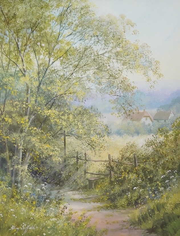 Hilary Scofield (20th century), gouache on paper, country lane, 46x35cm. Condition - good